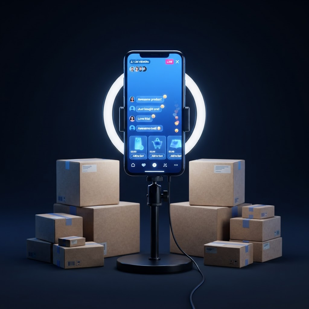 Live shopping stream on a phone surrounded by ready-to-ship inventory